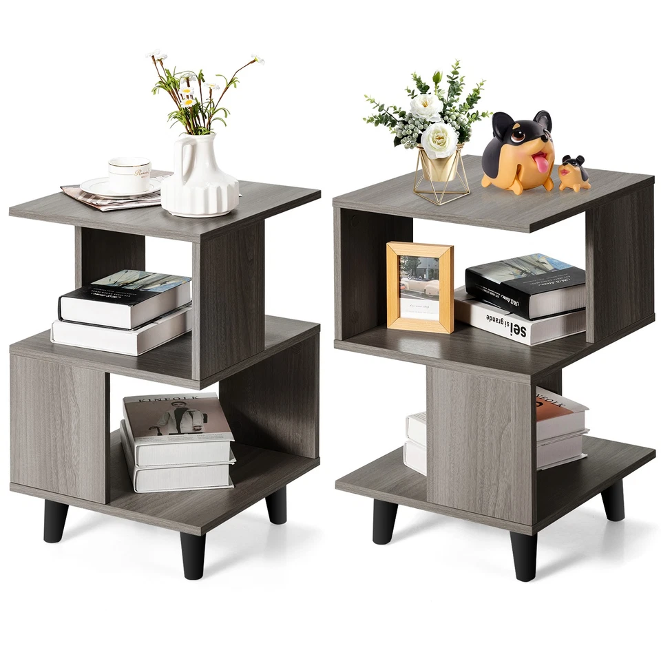 Costway 2 Pcs Nightstand Set Modern Side End Table Wood Legs Storage Shelf Grey