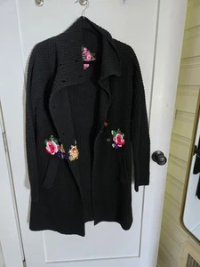 Desigual Black Cardigan With Flower Embroidery Size L - Picture 1 of 4
