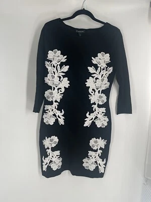 INC women's rayon/nylon blend dress NWT size M black 3/4 sleeve floral applique - Image 1 of 4