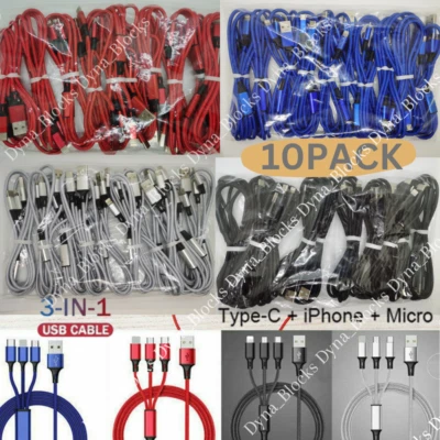 10X Lot 3A Fast USB Charging Cable 3in 1 Charger Cord For iPhone USB-C Micro USB - Image 1 of 4