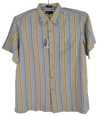 Marc Edwards Men's Size XL Blue Yellow Stripe Washable Silk Button Front Shirt - Image 1 of 4