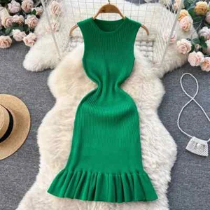 Summer Knitted Dress O Neck Sleeveless Ruffled Party Elastic Slim Short Dress - Foto 1 di 27