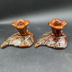 Royal Haeger Leaf Candleholders SET OF 2 Brown & Green Drip Glaze MCM Vintage - Picture 1 of 5
