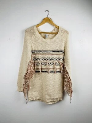 Свитер женский American Rag хлопок средний цвет слоновой кости ацтекский принт кисточки бахрома богемное - Изображение 1 из 4