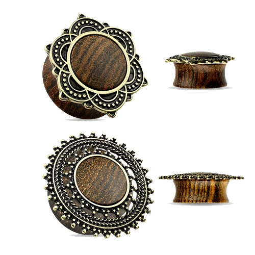 Plug Rosenholz Flesh Tunnel Messing Rose Tribal Lotus Blume Schild Rad Holz - Bild 1 von 1