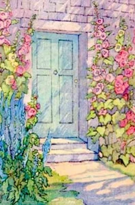Cartolina: ingresso cottage con Hollyhocks di Jane B. Judson xilografia - Foto 1 di 3