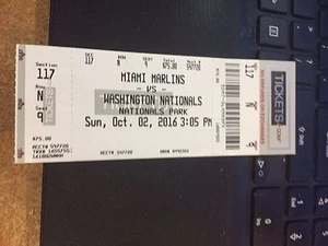 2016 WASHINGTON NATIONALS VS MIAMI MARLINS TICKET STUB 10/2 MAX SCHERZER WIN #20 - Picture 1 of 1