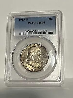 1953-S MS66 PCGS FRANKLIN SILVER HALF SUPERB GEM MARK FREE LITE BRONZE TONING - Image 1 of 2