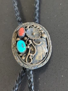  Navajo Handmade Native American Sterling Silver Coral Herbert Begay Bolo F232 - Picture 1 of 9