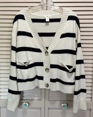 H&M Button Up Striped Oversized Knit Cardigan Size M Long Sleeve Blk/Cream - Image 1 of 4