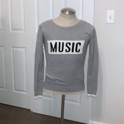 360 Garage | Women’s Grey Gray White Crewneck Knit ‘MUSIC’ Pullover Sweater - Image 1 of 4