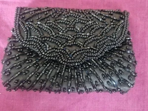 Vintage Beaded Black Satin Coin Purse with zip - Picture 1 of 3