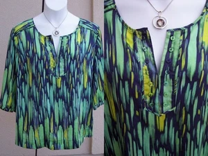 Sejour Nordstrom satin top blouse plus size 18w 1x vneck green blue yellow shirt - Picture 1 of 8