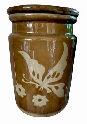 Stoneware Pottery Lidded  Crock Butterfly Rare Vintage 5 1/4" - Image 1 of 4