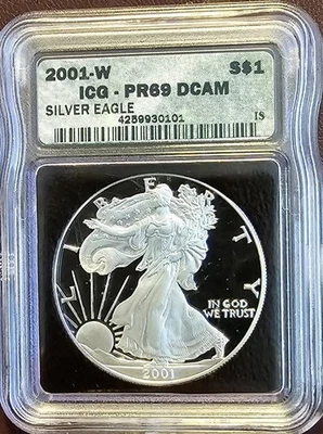 American Silver Eagle 2001-W prueba $1 ~ certificado ICG/calificado PR69 DCAM ~ ENVÍO Y DEVOLUCIÓN GRATUITOS Foto 1 de 4