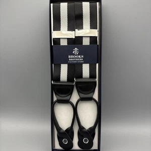 NEW Brooks Brothers Suspenders Braces Black & Gray Stripe Leather Silver Tone - Picture 1 of 3