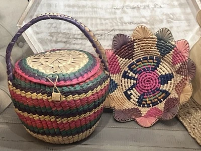 VTG Woven Rattan/Straw Basket/Lid/handles & coil wire rim basket set of 2 - Image 1 of 4