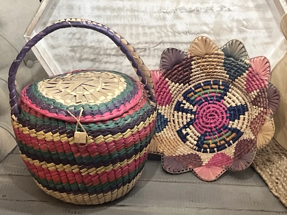 VTG Woven Rattan/Straw Basket/Lid/handles & coil wire rim basket set of 2 - Image 1 of 4