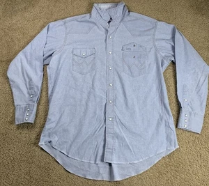 VTG 90s Wrangler Chambray Pearl Snap Blue Long Sleeve Western Shirt Mens L/XL - Picture 1 of 11