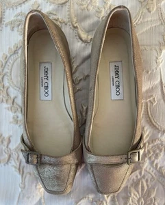 Real Jimmy Choo SZ 37 | US 6.5 Antique Gold Square Toe Buckle Flats - Picture 1 of 7