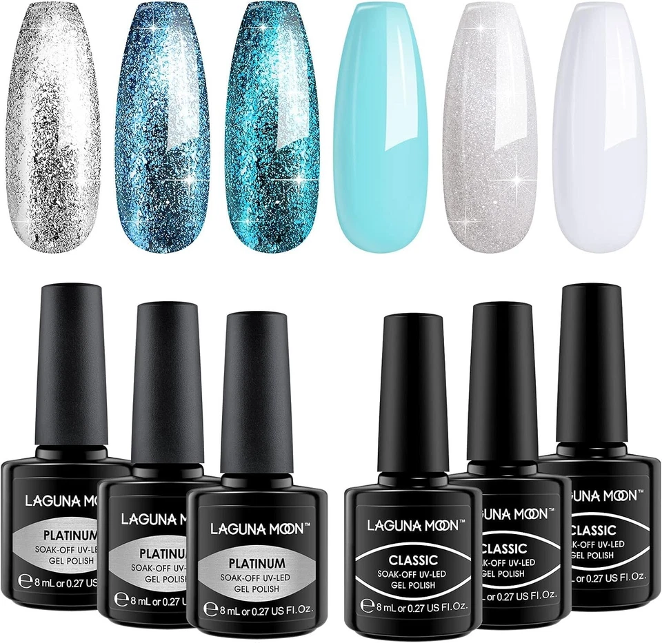 LagunaMoon 6 Colours Metallic Blue Silver Glitter White Gel Nail Polish