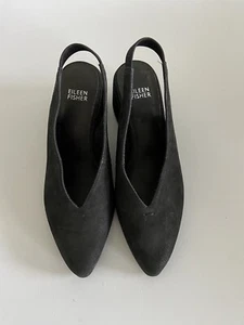 Eileen Fisher Gatwick Slingback Nubuck Shoes 6.5 Black Leather Block Heel New - Picture 1 of 9