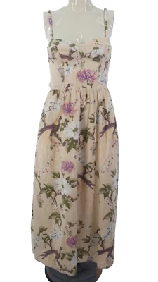 Vestido Corsé HM Mezcla de Lino Avena Pájaros Estampado Floral Corte Espalda Lazo Talla XS Foto 1 de 4