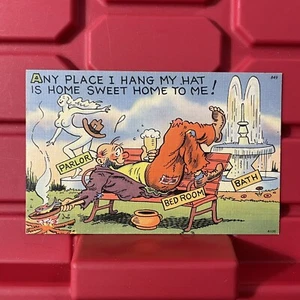 Postal de lino tejido dividido Any Place Is Home Sweet Home sin usar vintage años 30 - Imagen 1 de 2