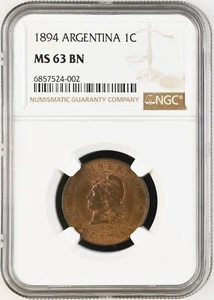 Argentina Copper 1 Centavo 1894 high and separate 4 NGC MS63 Brown KM-32 - Picture 1 of 5