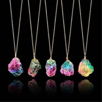5pcs Rainbow Stone Natural Crystal Chakra Rock Chain Quartz Pendant Necklace - Image 1 of 4