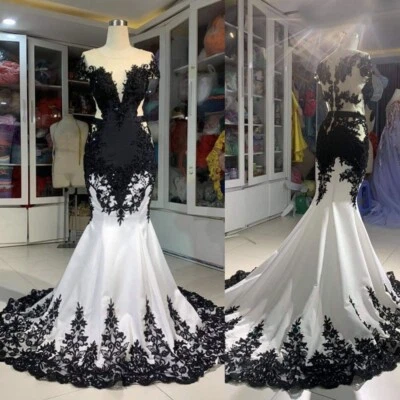 Gothic Mermaid Wedding Dresses White and Black Lace Appliques Satin Bridal Gowns - Image 1 of 4