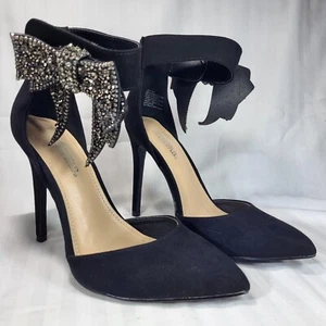 JustFab Lucy Black Pumps Heels SHOES Womens Size 7W Bling Bow Point Toe Just Fab - Picture 1 of 19