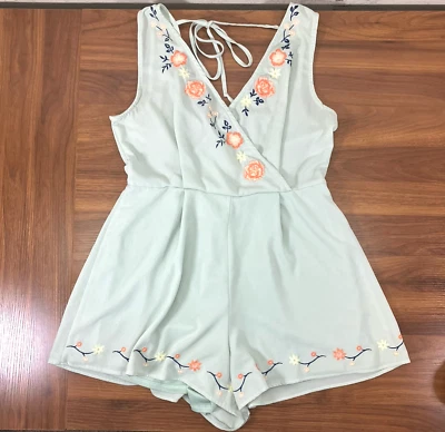 Altard State Womens Mint Green Floral Embroidered V Neck Tank Romper Romper Sz L - Image 1 of 4