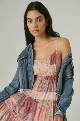 Lucky Brand Babydoll Tiered Dress Sz L Boho Festival Y2K Pink Patchwork Cotton - Image 1 of 4
