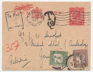 England 1927 to Jerusalem TO PAY Postcard. franked with D6+D8. Bale value $600 - Picture 1 of 2