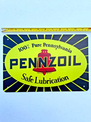 Letrero de lata de aceite de motor Pennzoil logotipo de lubricante de gasolina hombre cueva vintage arte retro en metal Foto 1 de 4