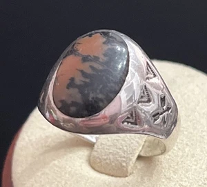 Vintage früher Glockenhandelsposten Sterlingsilber Achat versteinertes Holz Herrenring 10 - Bild 1 von 14