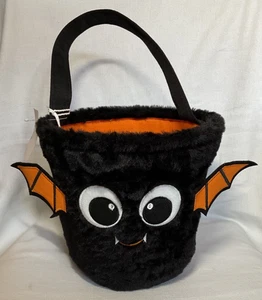 Halloween DOLCETTO O SCHERZETTO secchiello caramelle pipistrello nero arancione pelliccia sintetica nuovo con etichetta - Foto 1 di 3