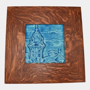 Azulejo escénico arquitectónico hecho a mano enmarcado azul cerámica artística Paul Katrich Studio - Imagen 1 de 6