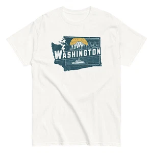Washington State Map Vacation State Pride WA Cotton T-Shirt Retro Style Gift Tee - Picture 1 of 3