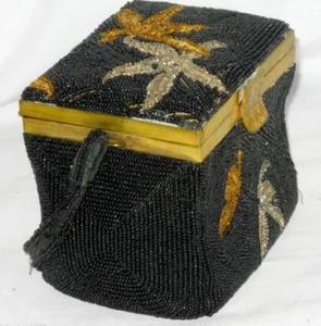 Vintage Black Beaded Corii Tokyo Evening Bag Box Purse Gold Silver Flowers - Picture 1 of 12