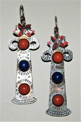 Designer JULIE SHAW STERLING SILVER~CORAL~LAPIS~ENAMEL EARRINGS Cabochons~Signed - Image 1 of 4
