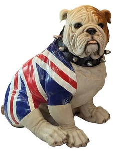 53CM BRITISH UNION JACK BULLDOG SPIKED COLLAR LARGE SITTING STATUE POLYSTONE - Picture 1 of 5