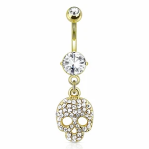Crystal Clear CZ Paved Skull Belly Bar Navel Piercing Ring - Picture 1 of 1