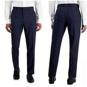 Perry Ellis Portfolio Mens Navy Blue Slim-Fit Windowpane Plaid Dress Pants 34x32 - Picture 1 of 6