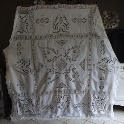 superbe grande nappe, couvre lit, 2.35 m X 2.32 m, ancienne - Photo 1/4