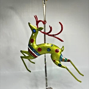 Metal Reindeer Christmas Ornament Chartreuse Holiday Contemporary Leaping Dots - Picture 1 of 4