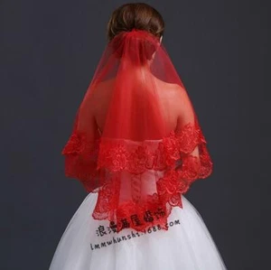 Veil Wedding red Tiers Fingertip Length Blusher Veil 2" Trims Cute Floral - Picture 1 of 6