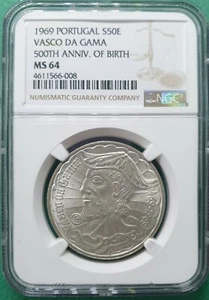 1969 PORTUGAL 50 ESCUDOS SILVER VASCO DA GAMA 500TH ANNIV. OF BIRTH NGC MS 64 - Picture 1 of 2