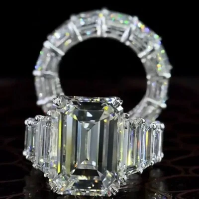 14K White Gold Over Bridal Engagement Ring Set 12 Ct D/FL Emerald Cut Moissanite - Image 1 of 4